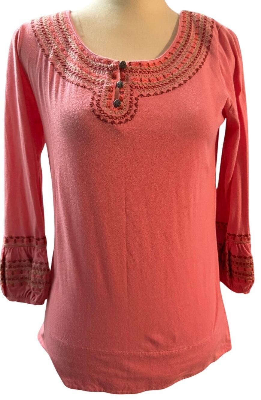 Sundance Boho Coral Pink Embroidered Cotton Tunic Henley Top, Size Small